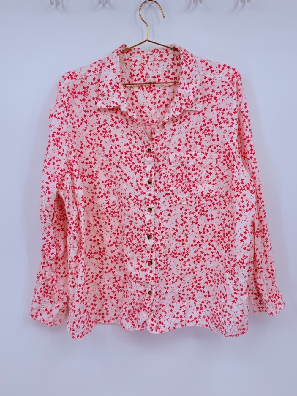 M&S Pure Linen Floral Button Front Blouse Size 22 Coral Red Lightweight Top
